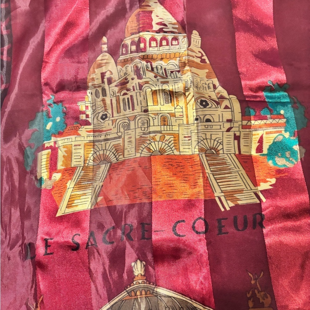 Vintage Paris Scarf Eiffel Tower Notre Dame Red 37” Square France Landmarks - Picture 5 of 9